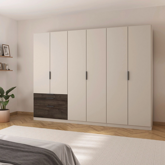Kodi Champagne 6 Door Wardrobe with 3 Drawers – W271cm - Styled in a Bedroom