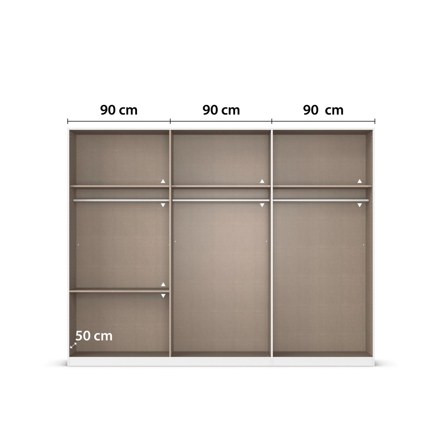 Kodi Champagne 6 Door Wardrobe with 3 Drawers – W271cm - Interior With Dimensions