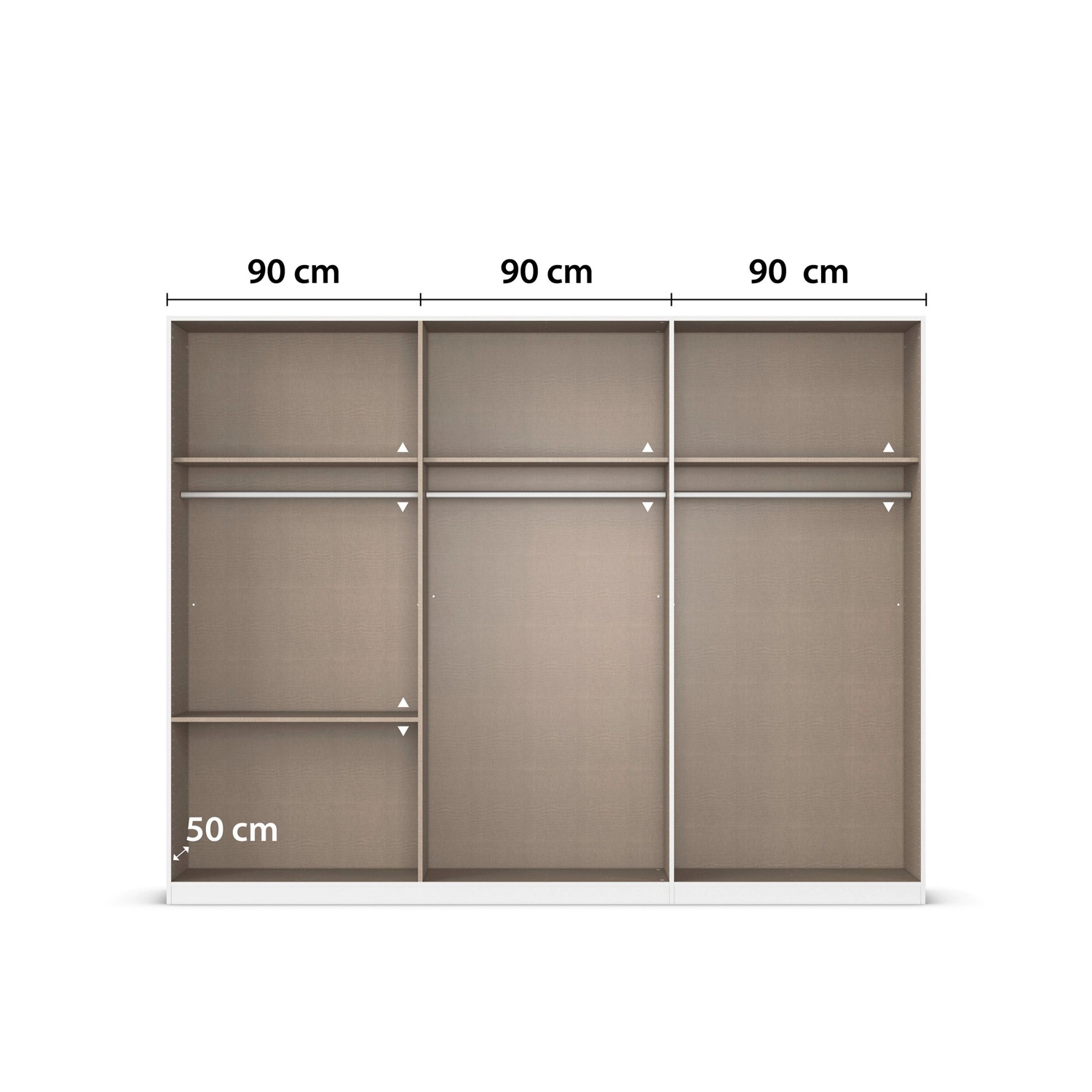 Kodi Champagne 6 Door Wardrobe with 3 Drawers – W271cm - Interior With Dimensions