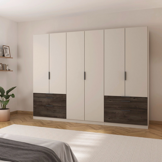 Kodi Champagne 6 Door Wardrobe with 6 Drawers – W271cm - Styled in a Bedroom
