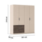 Kodi Champagne 4 Door Wardrobe with 3 Drawers – W181cm - Dimensions