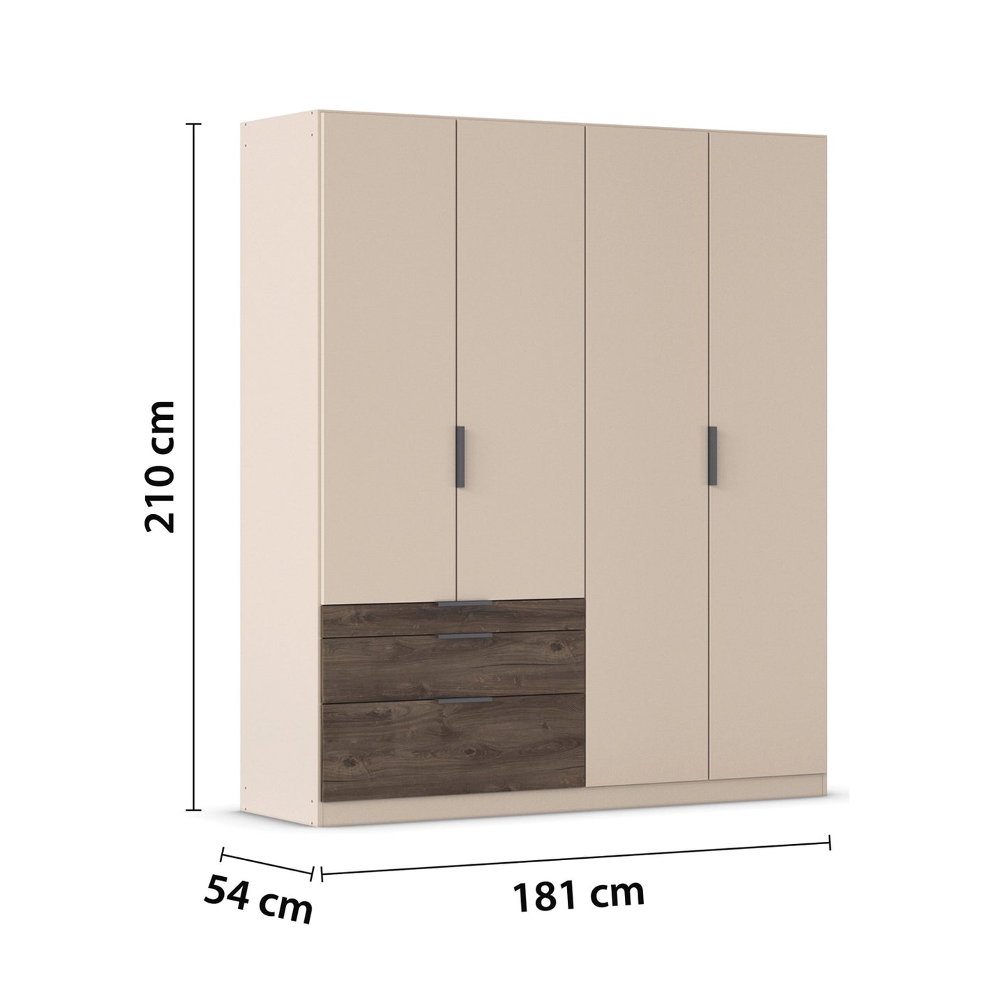 Kodi Champagne 4 Door Wardrobe with 3 Drawers – W181cm - Dimensions