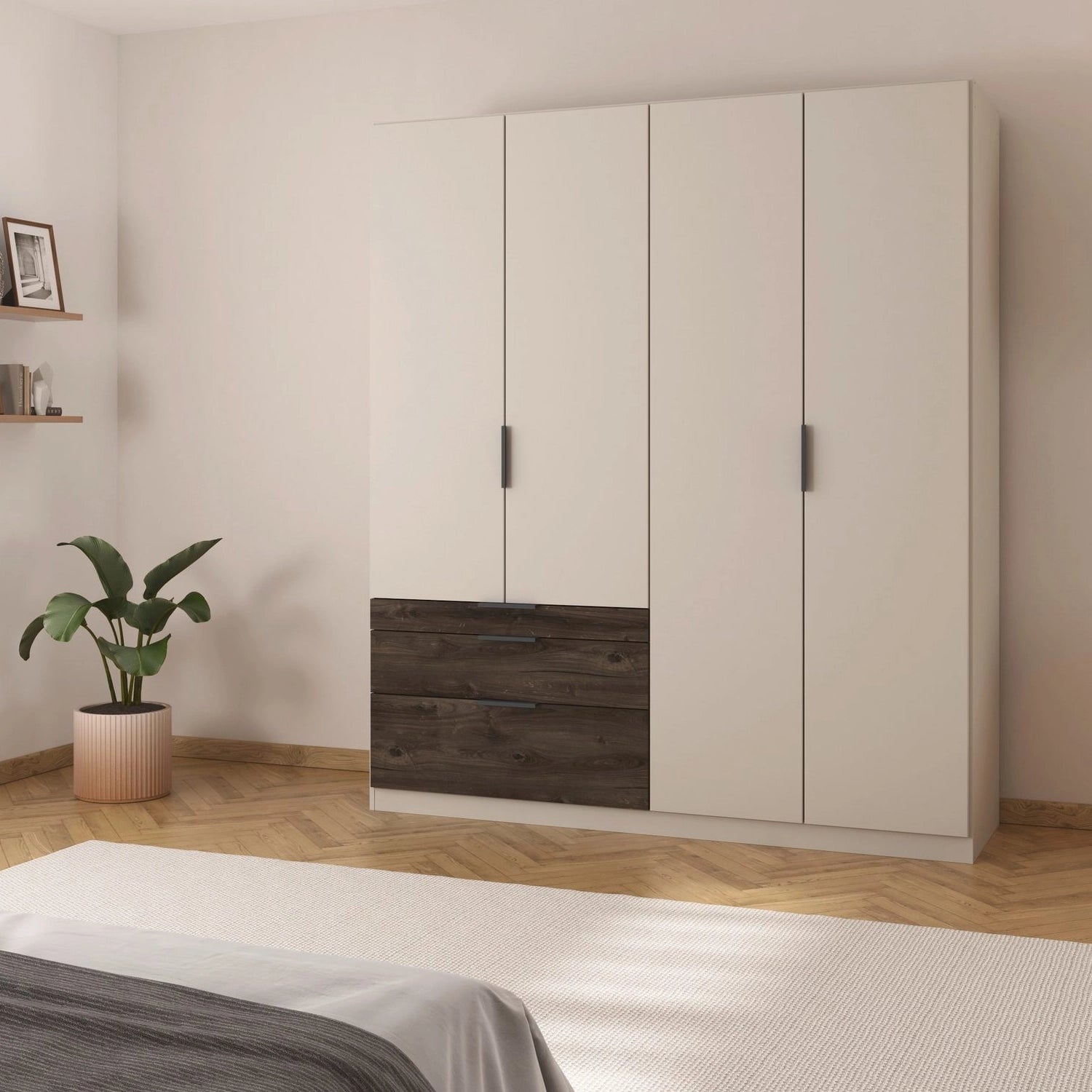 Kodi Champagne 4 Door Wardrobe with 3 Drawers – W181cm - Styled in a Bedroom