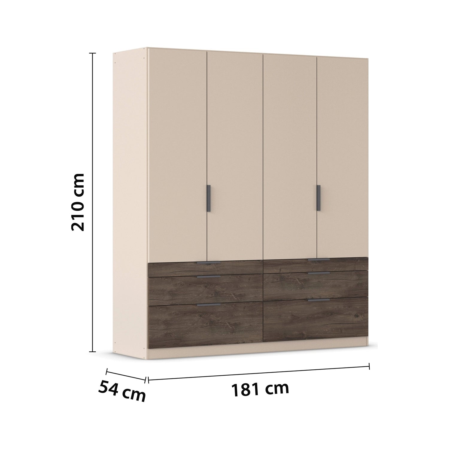 Kodi Champagne 4 Door Wardrobe with 6 Drawers – W181cm - Dimensions