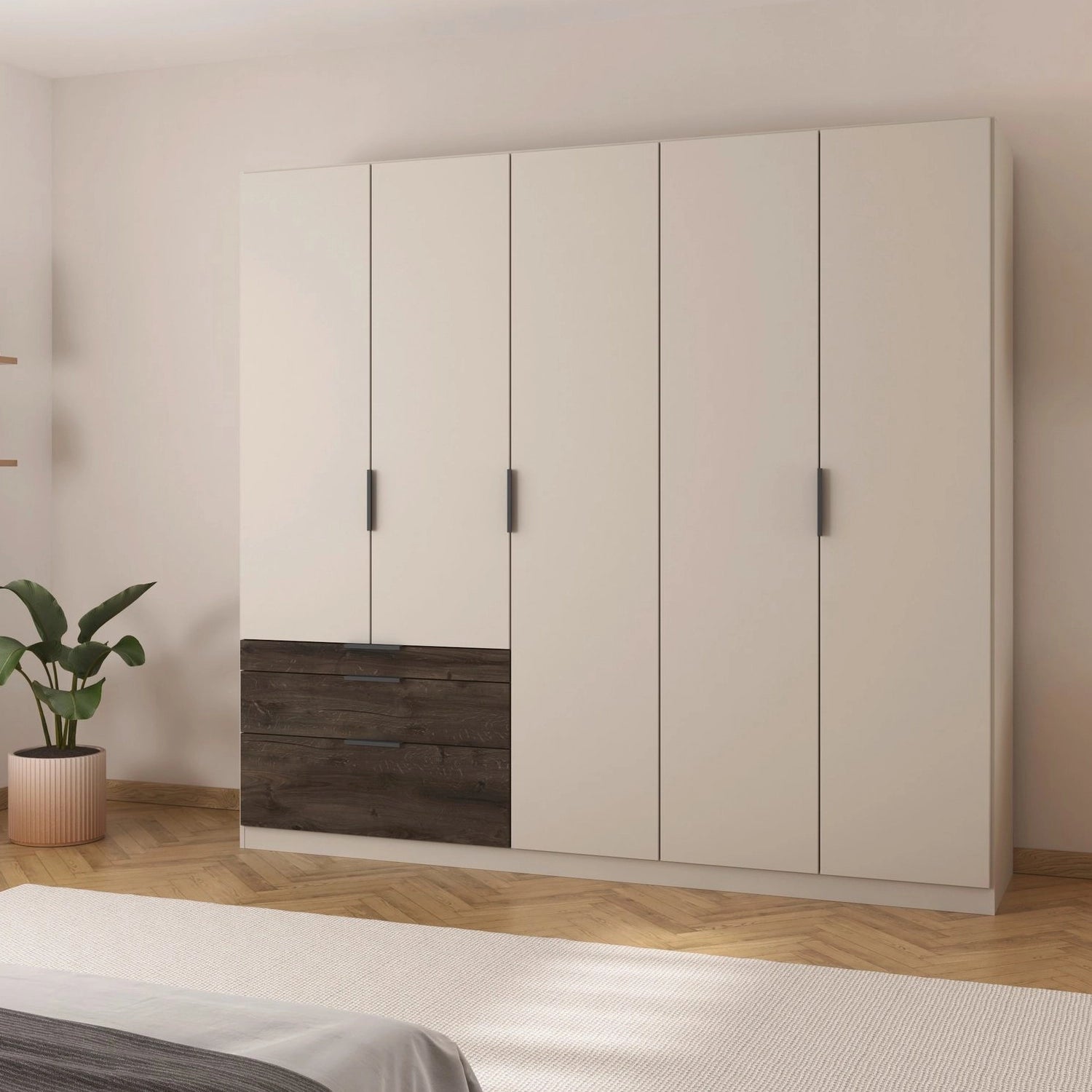Kodi Champagne 5 Door Wardrobe with 3 Drawers – W226cm - Styled in a Bedroom