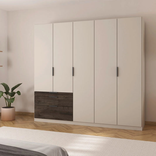 Kodi Champagne 5 Door Wardrobe with 3 Drawers – W226cm - Styled in a Bedroom