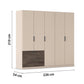 Kodi Champagne 5 Door Wardrobe with 3 Drawers – W226cm - Dimensions