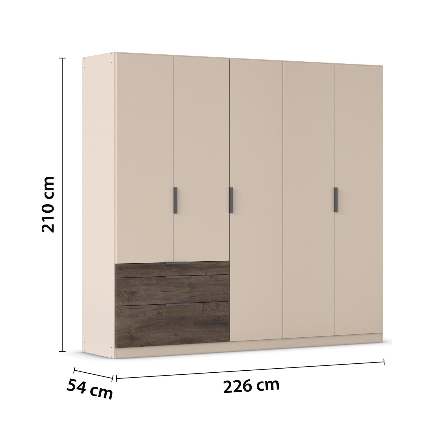 Kodi Champagne 5 Door Wardrobe with 3 Drawers – W226cm - Dimensions