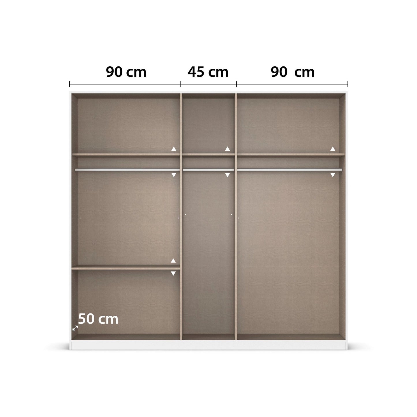 Kodi Champagne 5 Door Wardrobe with 3 Drawers – W226cm - Interior With Dimensions Closeup View