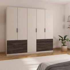 Kodi Champagne 5 Door Wardrobe with 6 Drawers – W226cm - Styled in a Bedroom