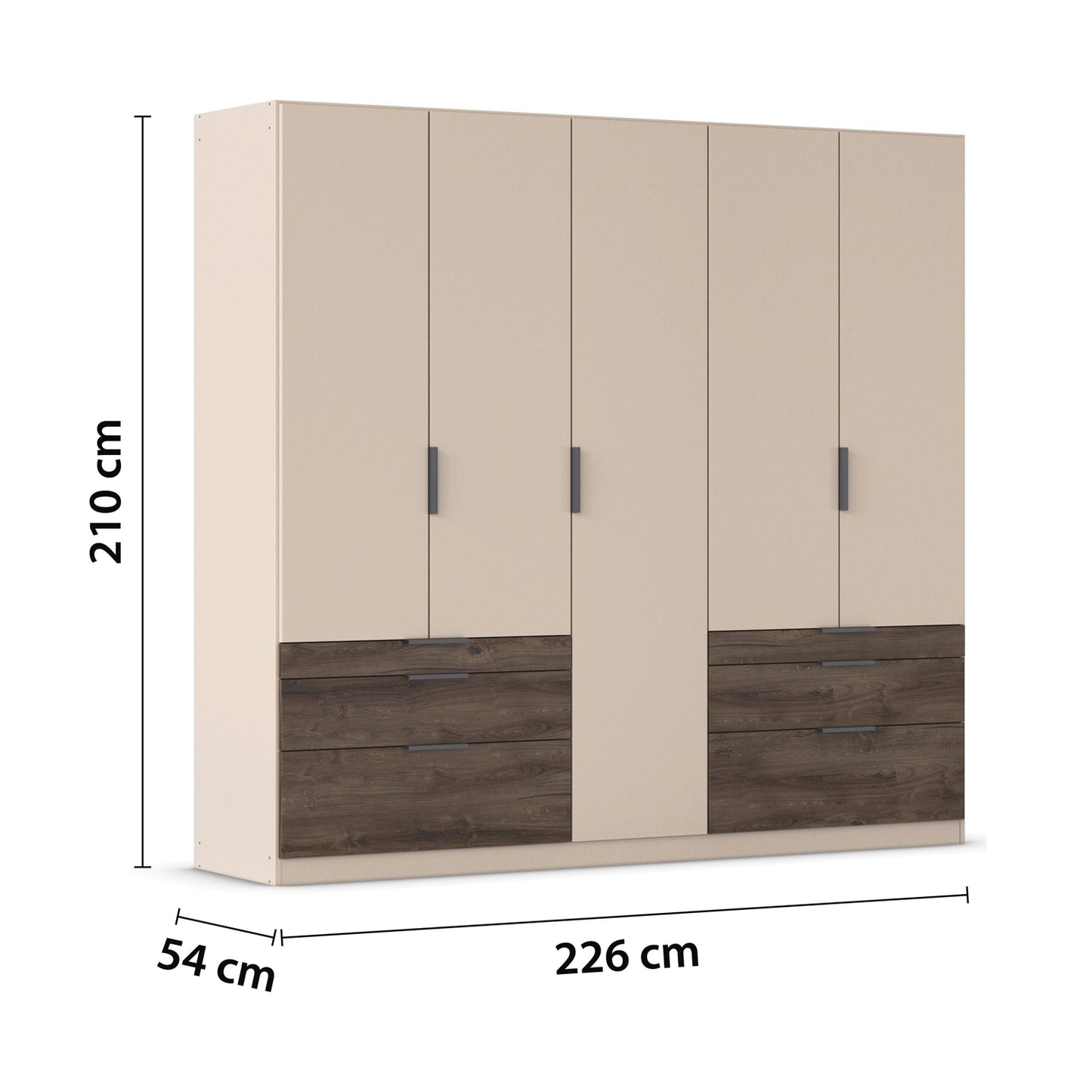 Kodi Champagne 5 Door Wardrobe with 6 Drawers – W226cm - Dimensions