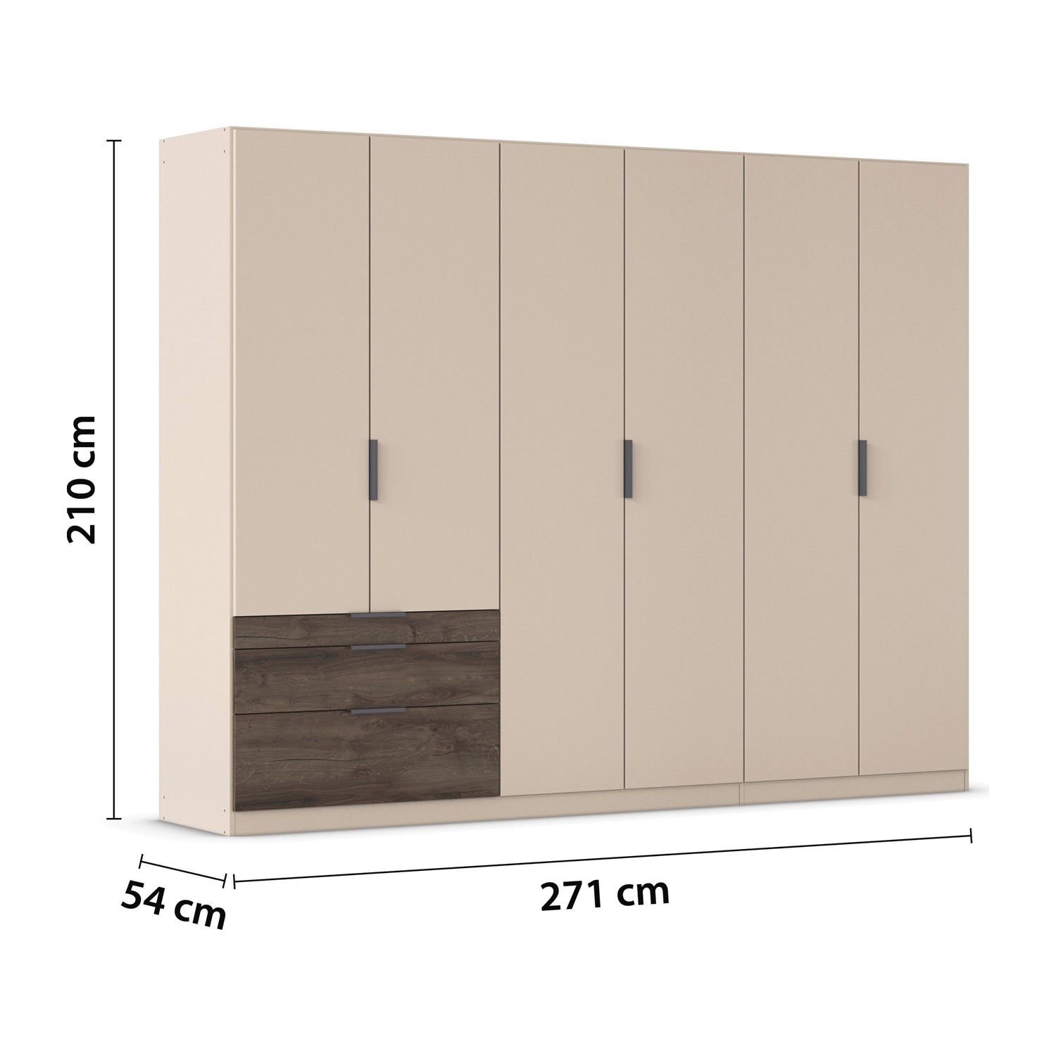 Kodi Champagne 6 Door Wardrobe with 3 Drawers – W271cm - Dimensions