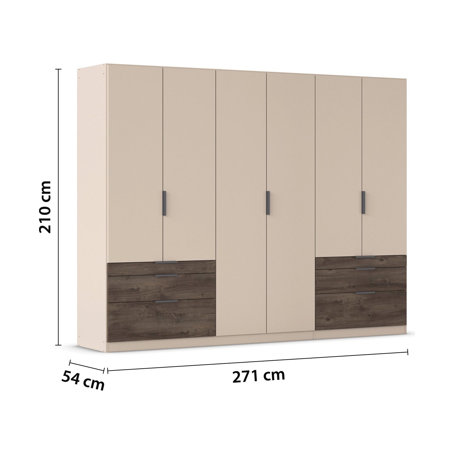 Kodi Champagne 6 Door Wardrobe with 6 Drawers – W271cm - Dimensions