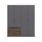 Gray wardrobe with dark wooden bottom drawer section on a white background