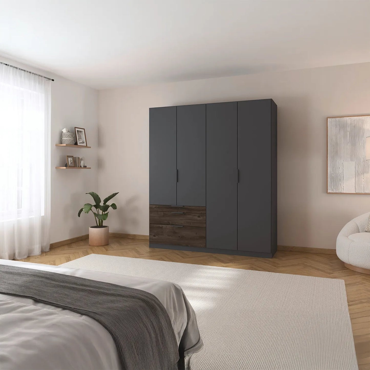 Modern bedroom with a large dark gray wardrobe with drawers in dark wood