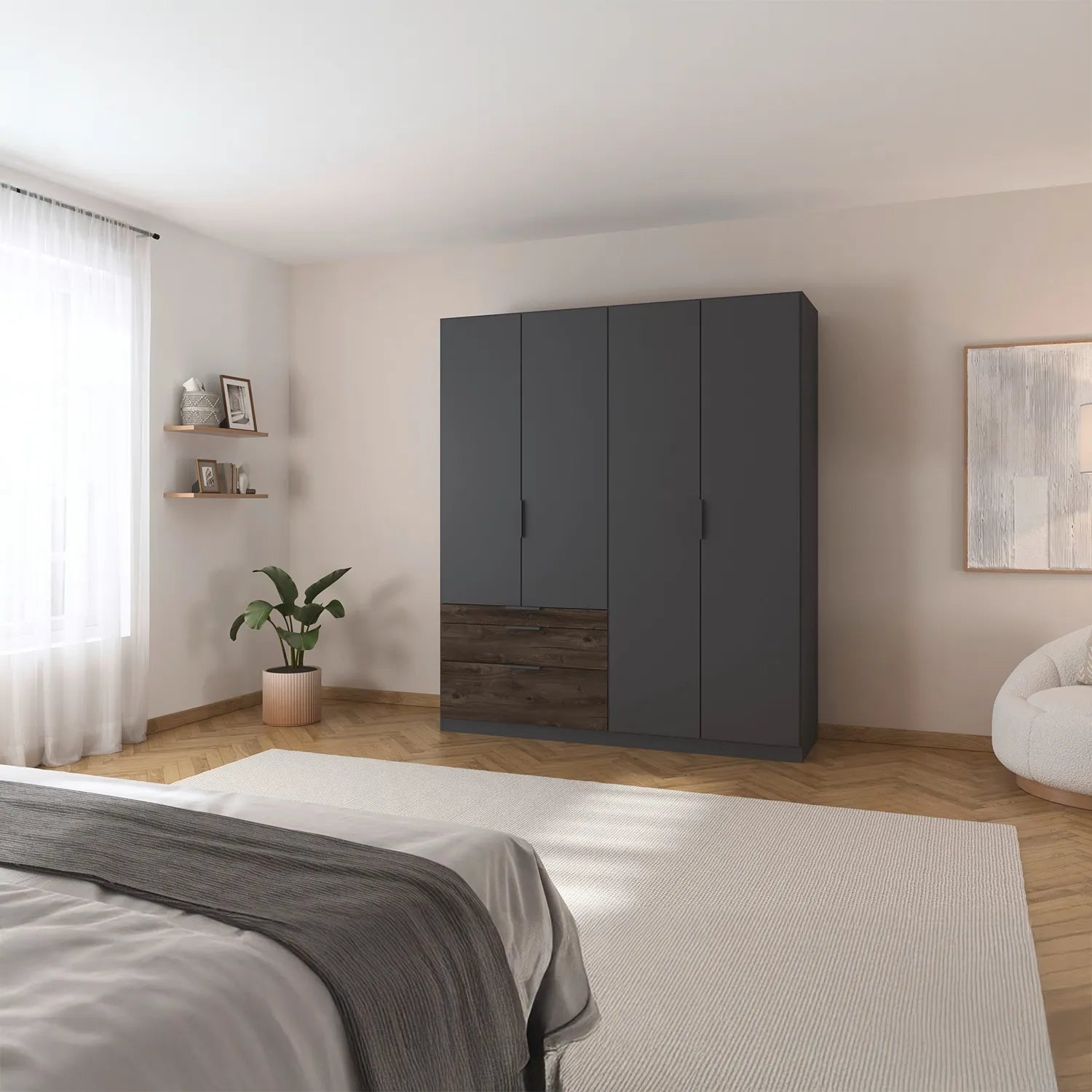 Modern bedroom with a large dark gray wardrobe with drawers in dark wood