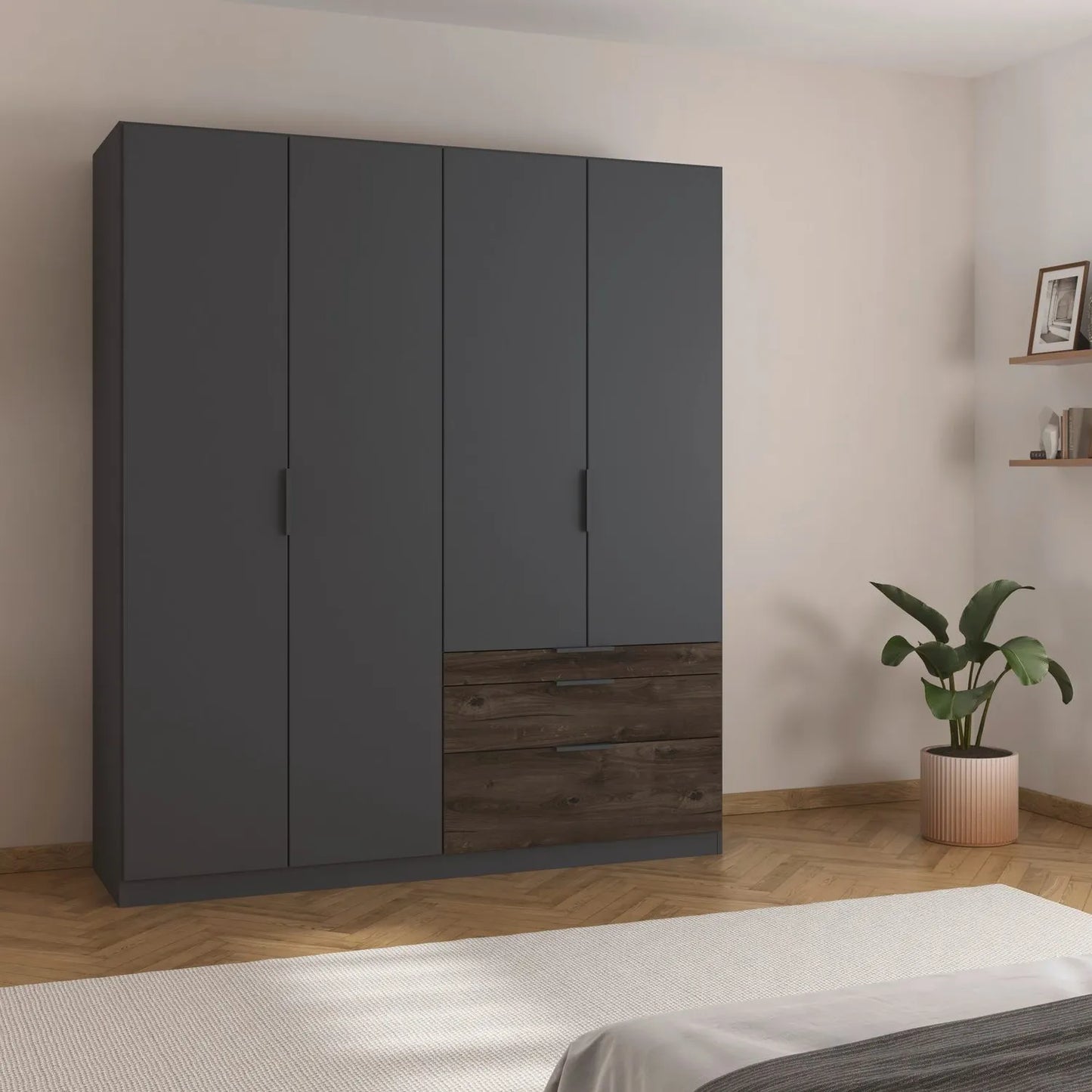 Kodi Graphite 4 Door Wardrobe with 3 dark wood Drawers at the bottom