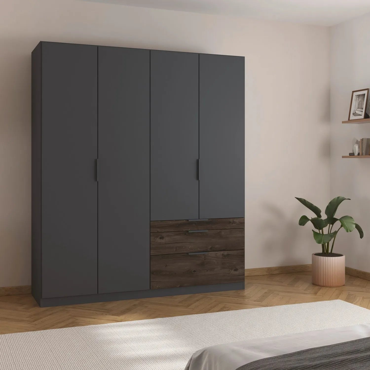 Kodi Graphite 4 Door Wardrobe with 3 dark wood Drawers at the bottom