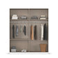 Closet with clothes on hangers and folded items on shelves against a white background