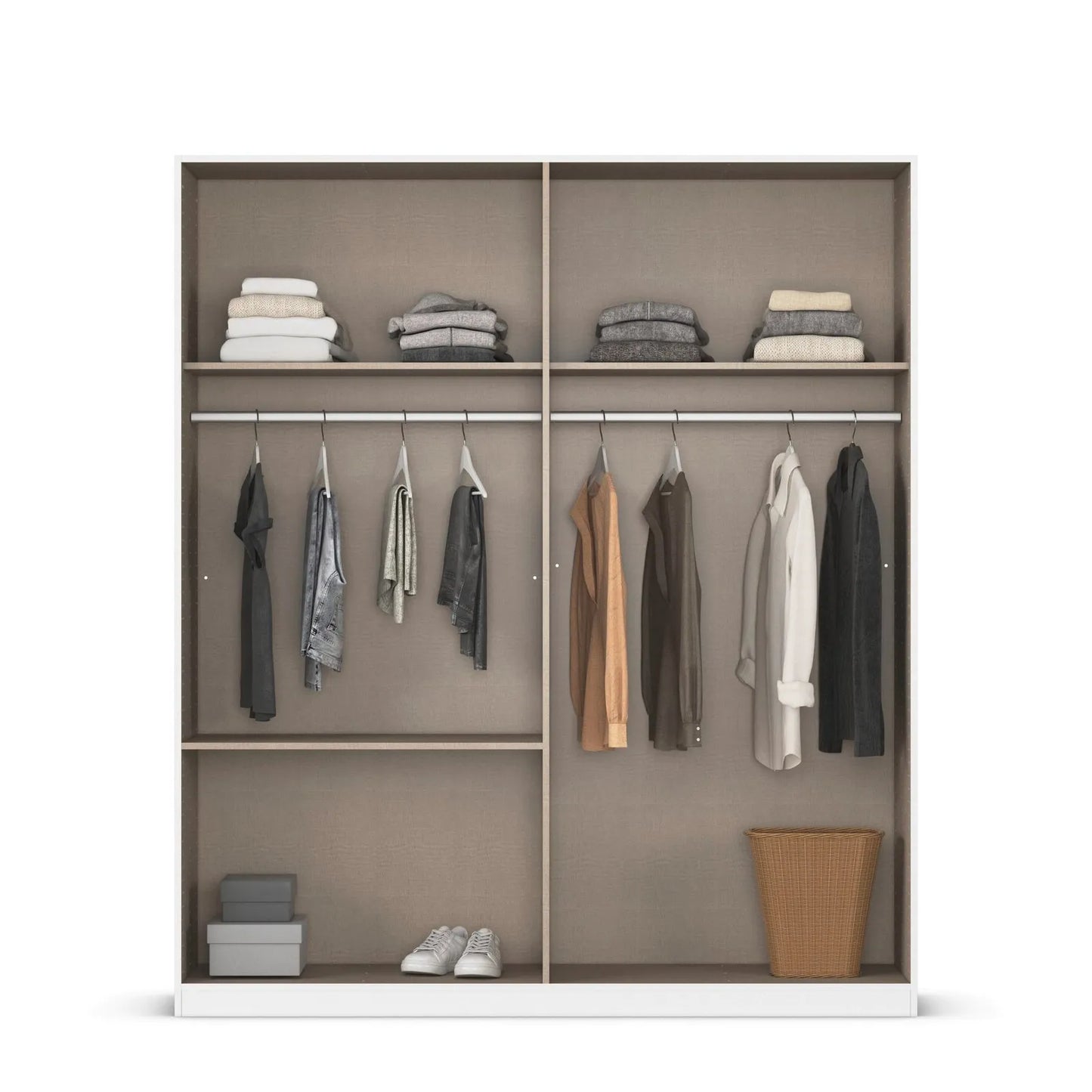 Closet with clothes on hangers and folded items on shelves against a white background