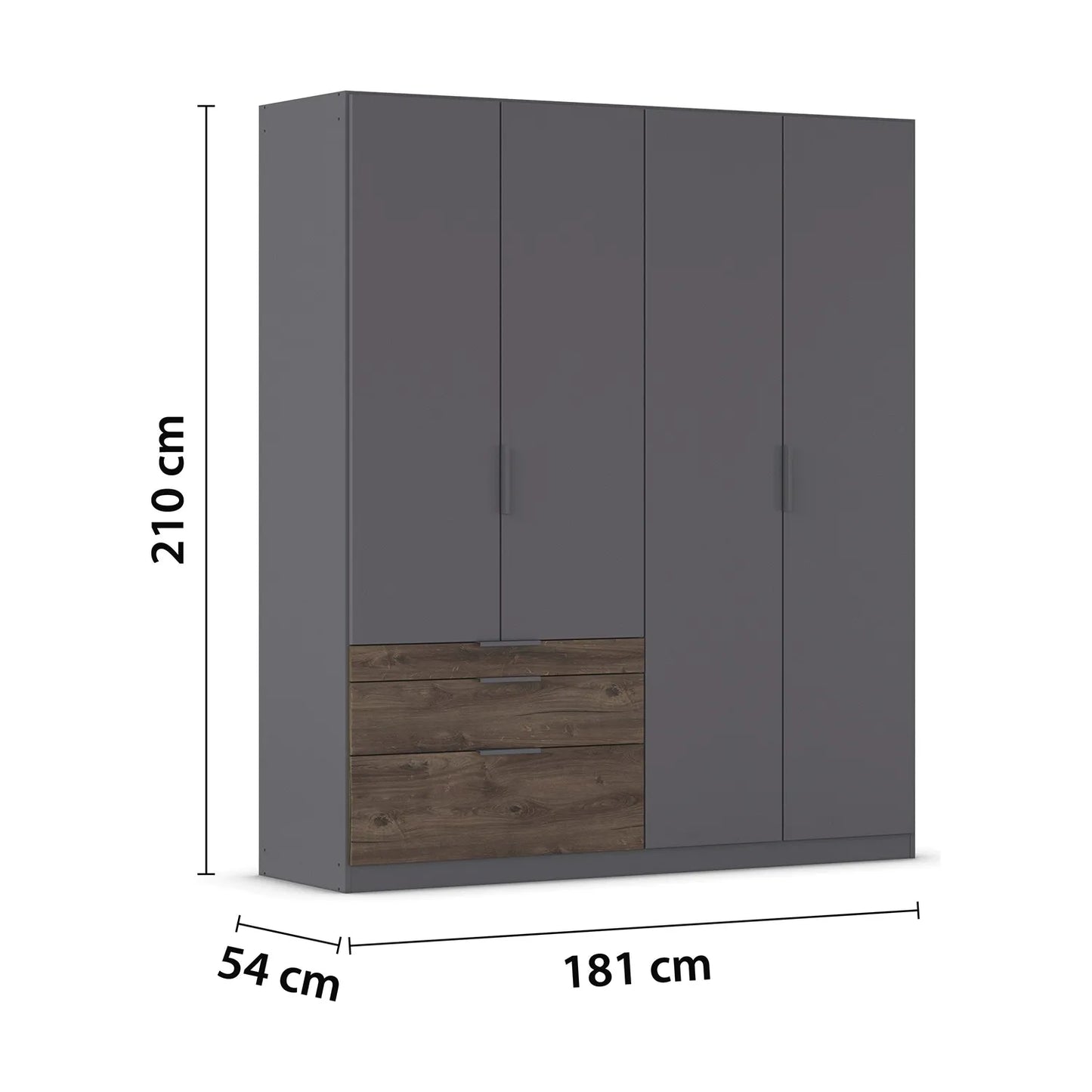 Gray wardrobe with dimensions on a white background
