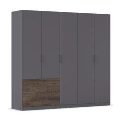 Gray wardrobe with wooden drawers on a white background