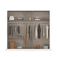 Closet with clothes on hangers and shelves on a white background