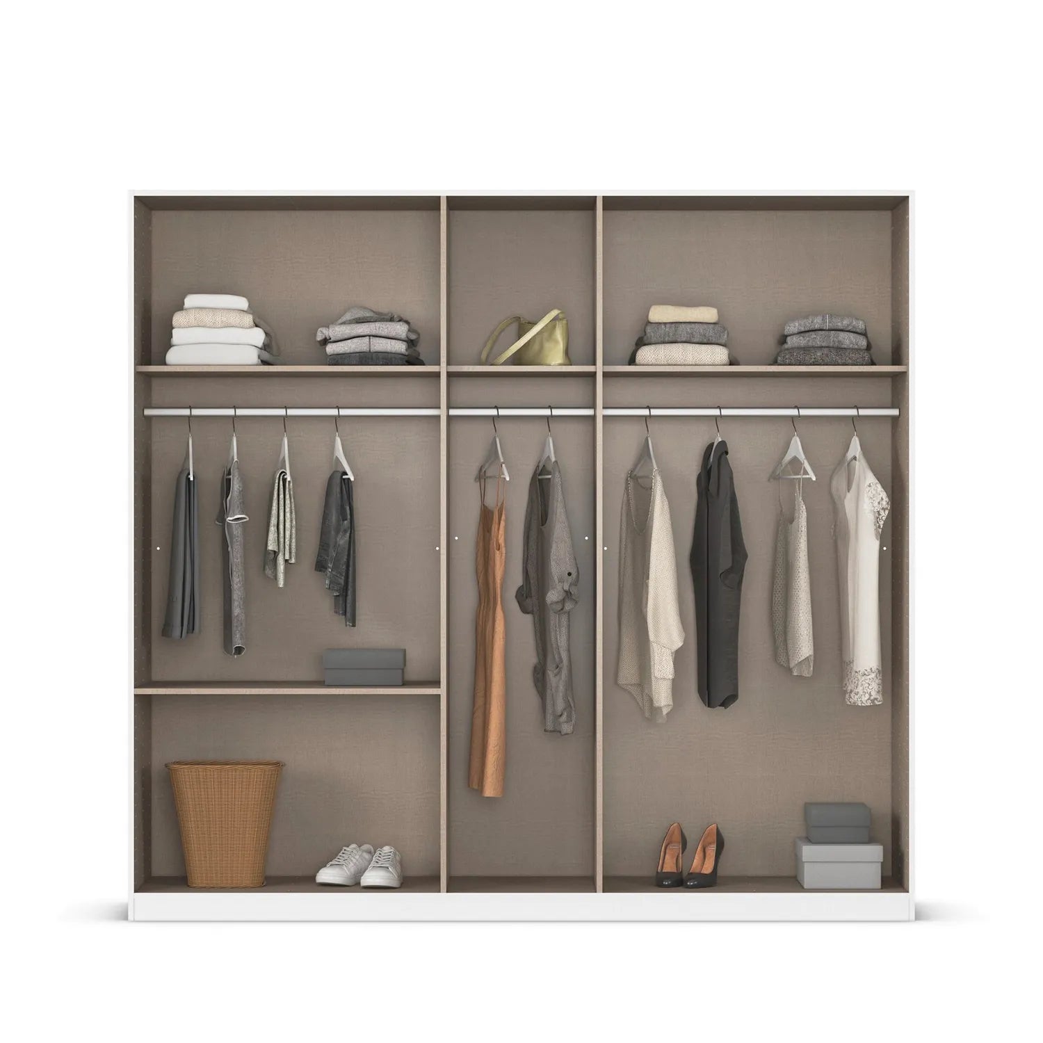 Closet with clothes on hangers and shelves on a white background