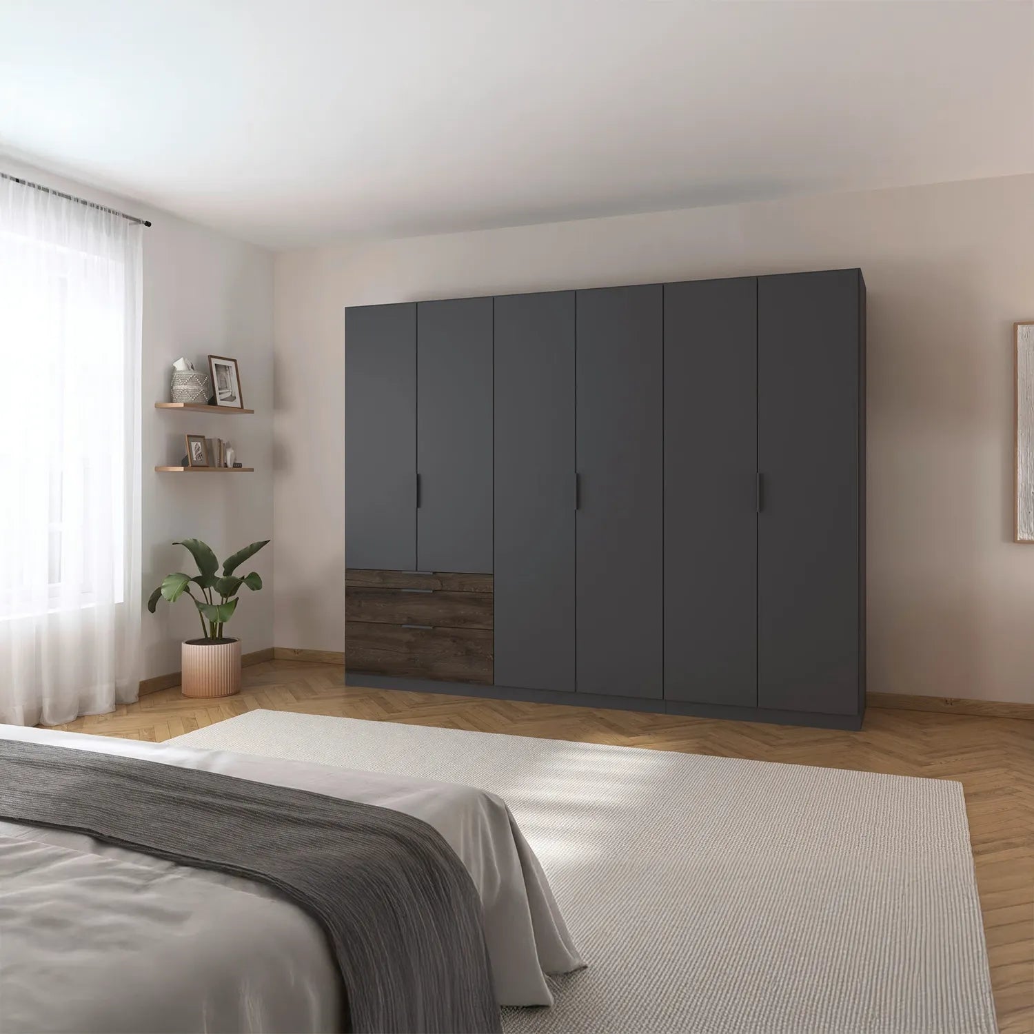 Rauch Kodi Width 271cm Graphite 6 Door Wardrobe with 3 Drawers 