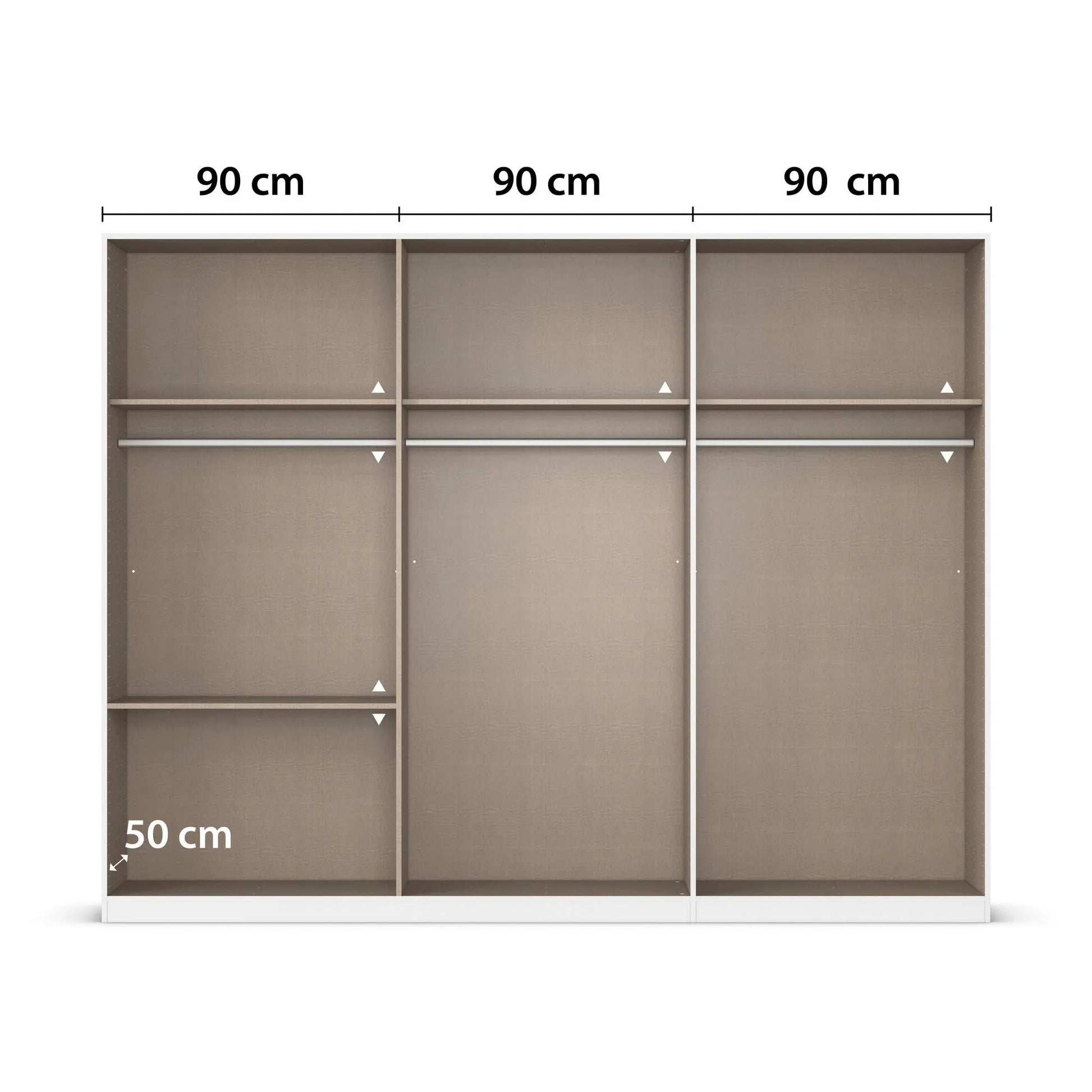 Wardrobe with sliding doors and measurements on a white background