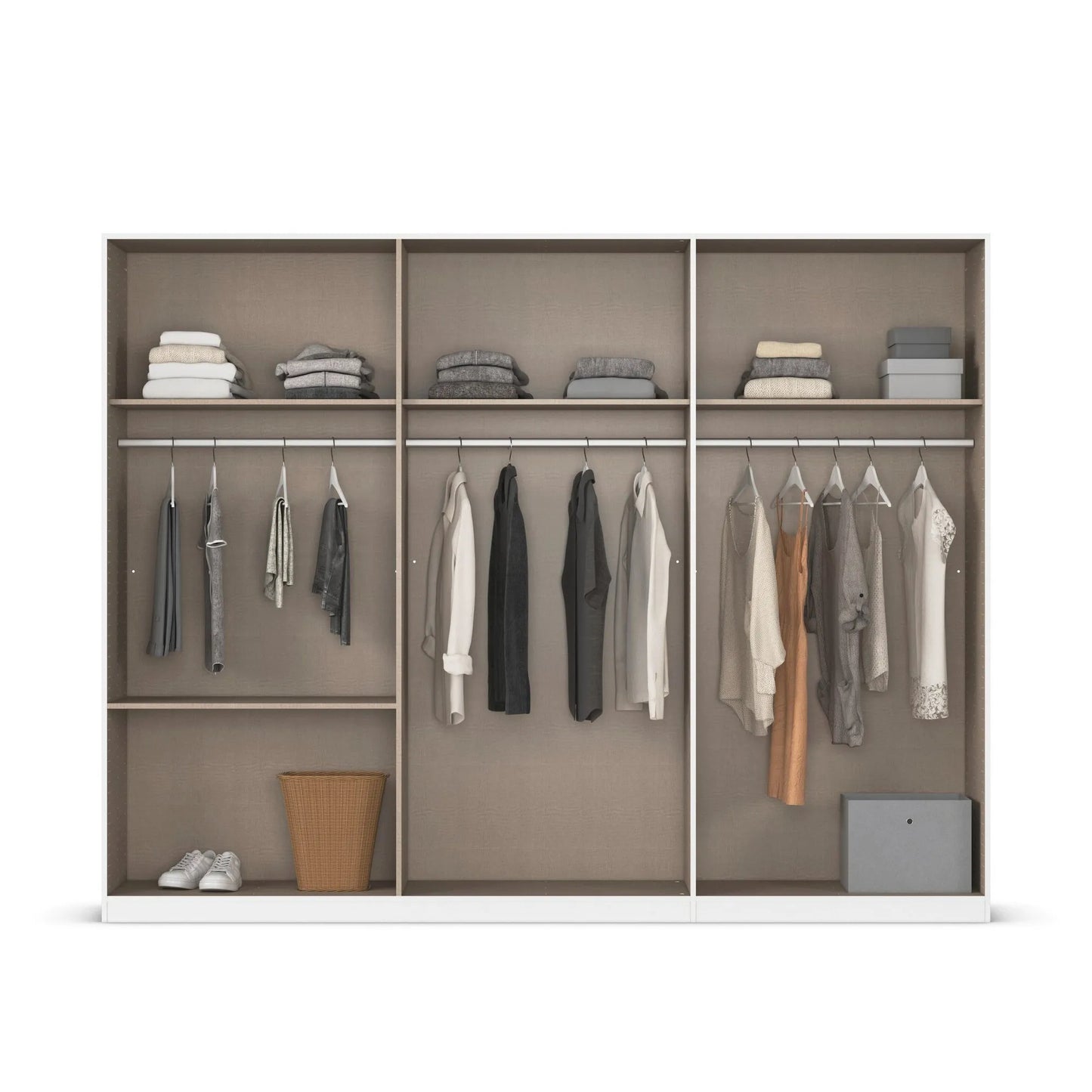 Modern wardrobe with clothes hanging and stacked on shelves against a white background