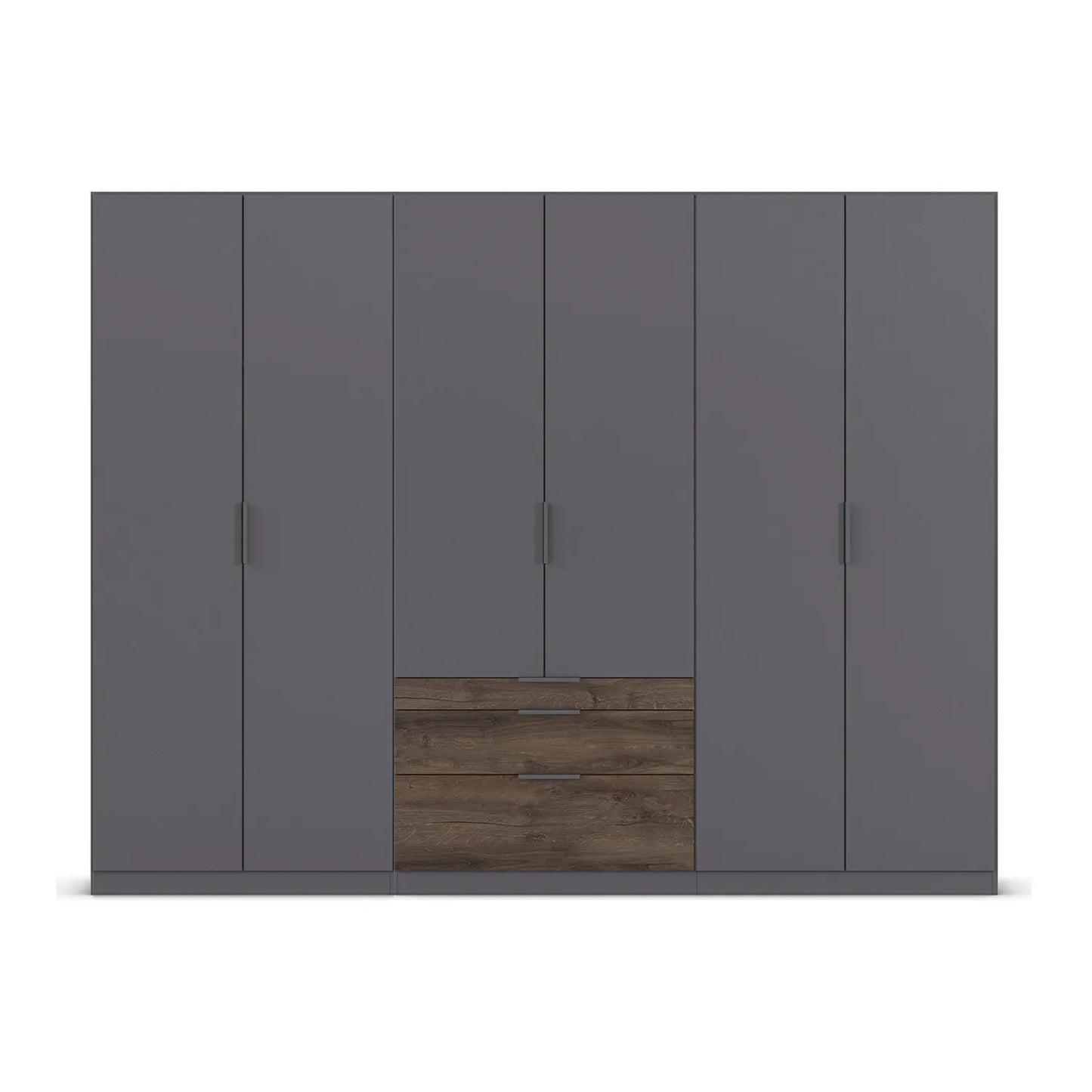 Gray wardrobe with a wooden drawer on a white background