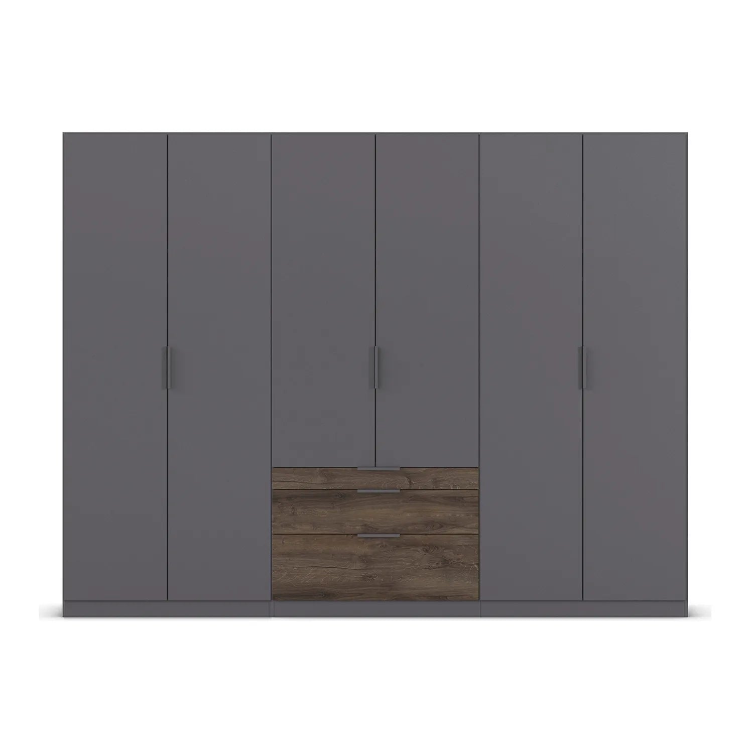 Gray wardrobe with a wooden drawer on a white background