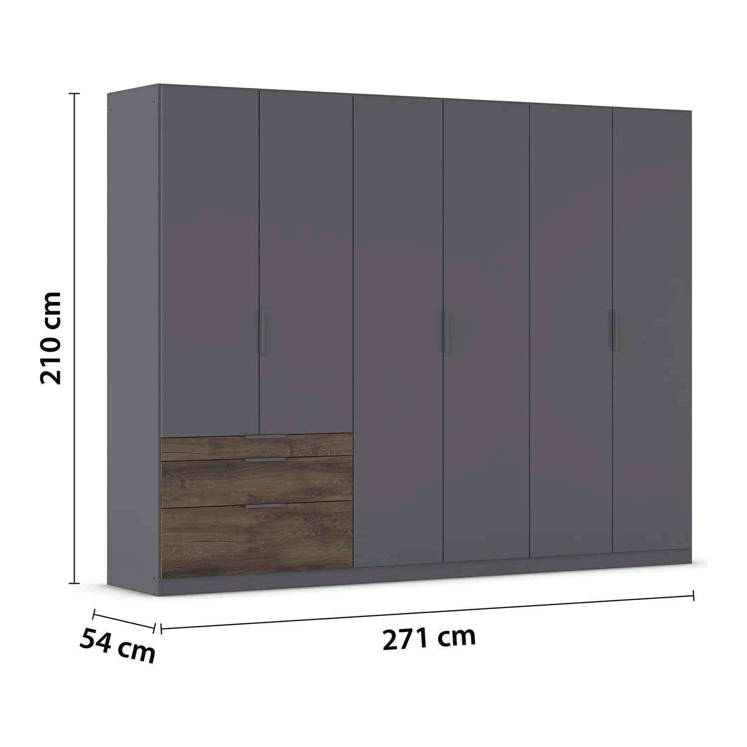 Kodi graphite wardrobe with dimensions on a white background
