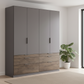 German-made Rauch Kodi 4 door wardrobe in Metallic Grey with six Atlantic Dark Oak drawers in graduated depths. 181cm wide. Free delivery.