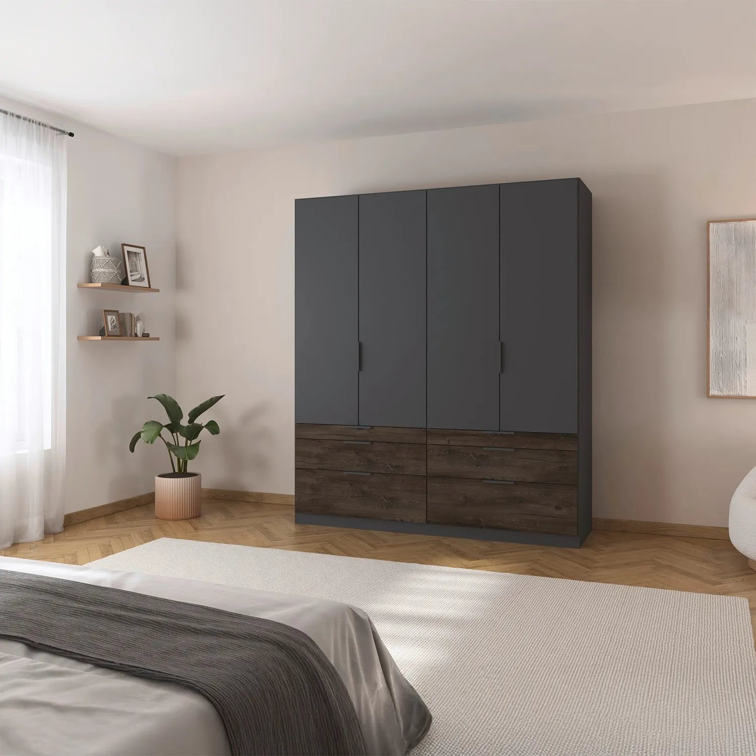 Modern bedroom with a large dark gray wardrobe with bottom drawers