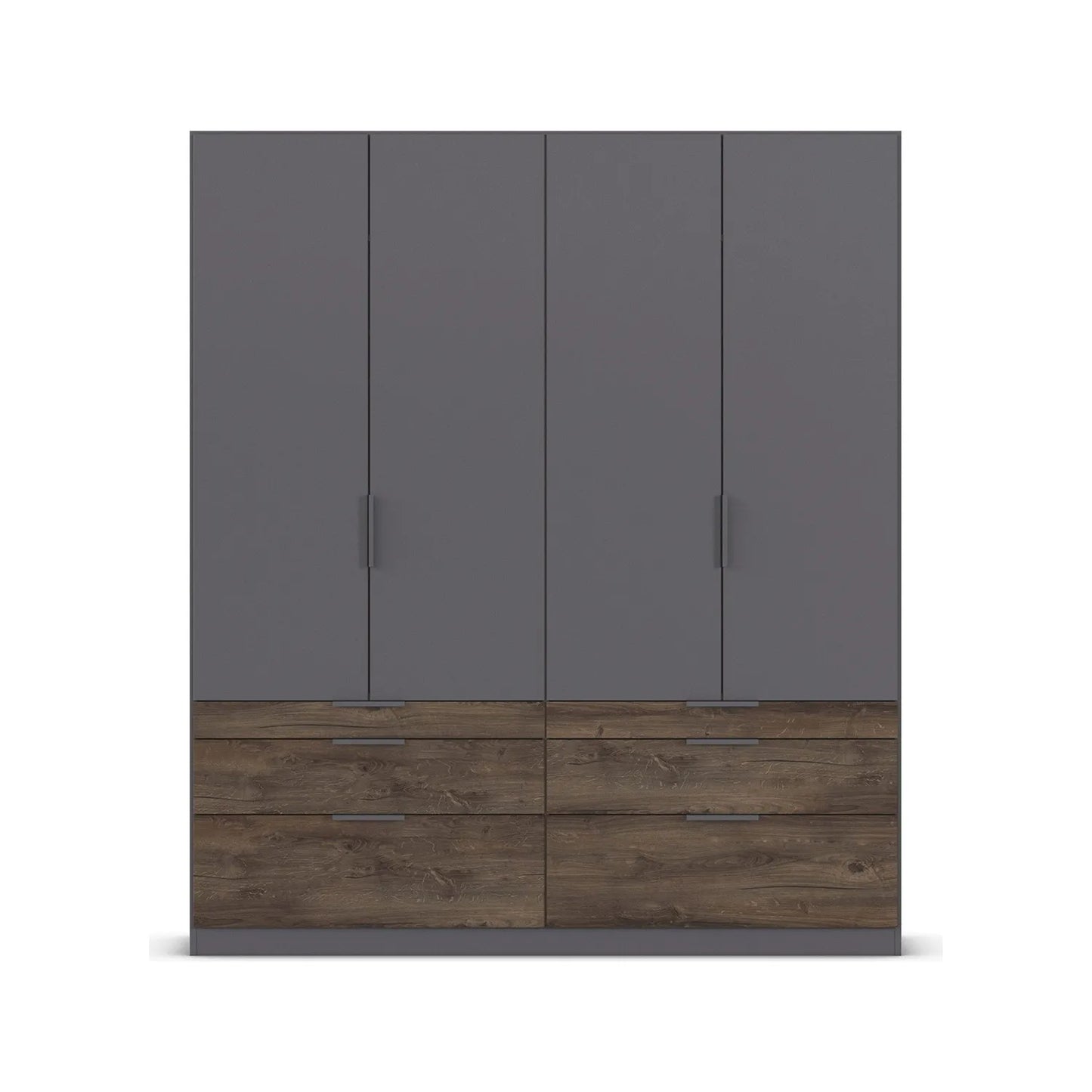 Two-tone wardrobe with gray upper section and wooden lower section on a white background