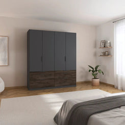 Modern bedroom with a large dark gray wardrobe with bottom drawers
