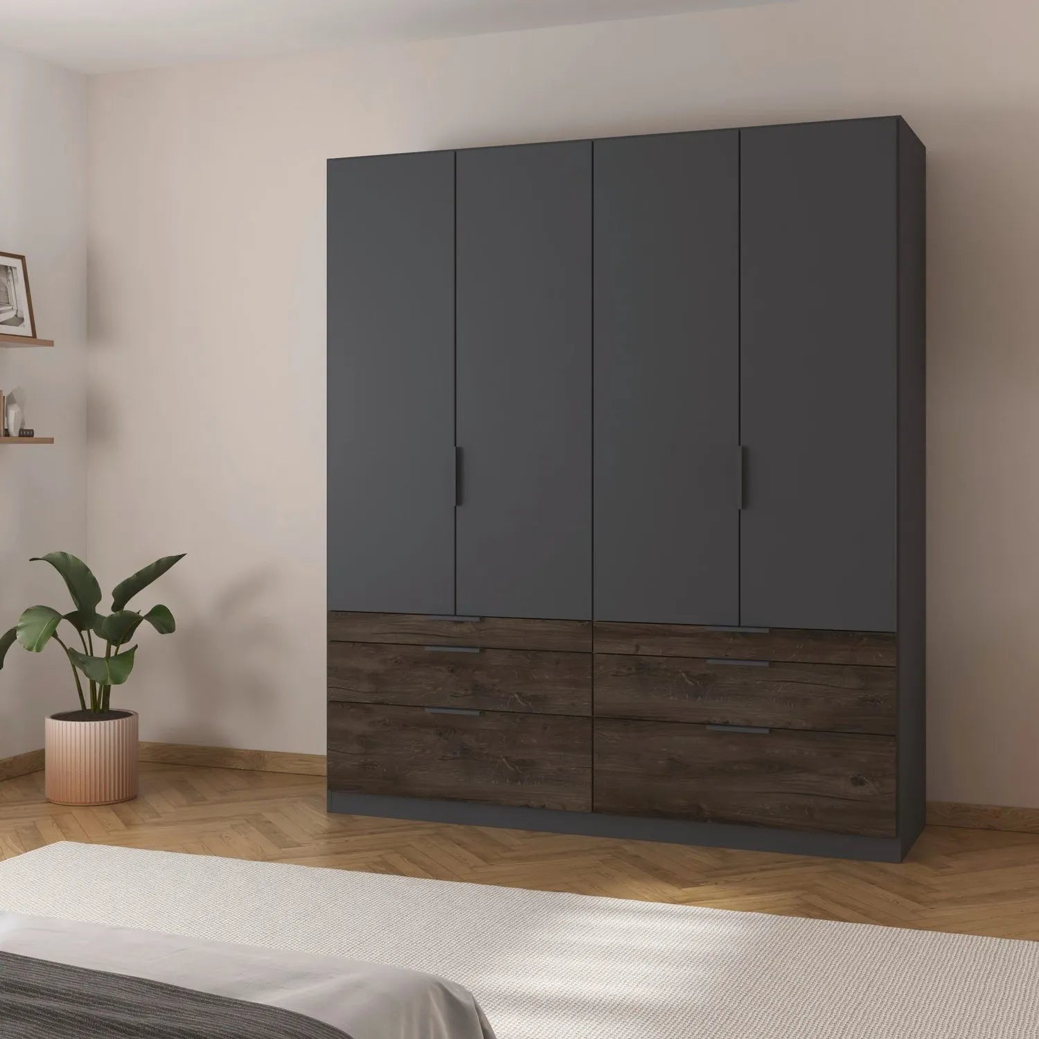 Large dark gray wardrobe with wooden bottom section drawers in a bedroom setting.