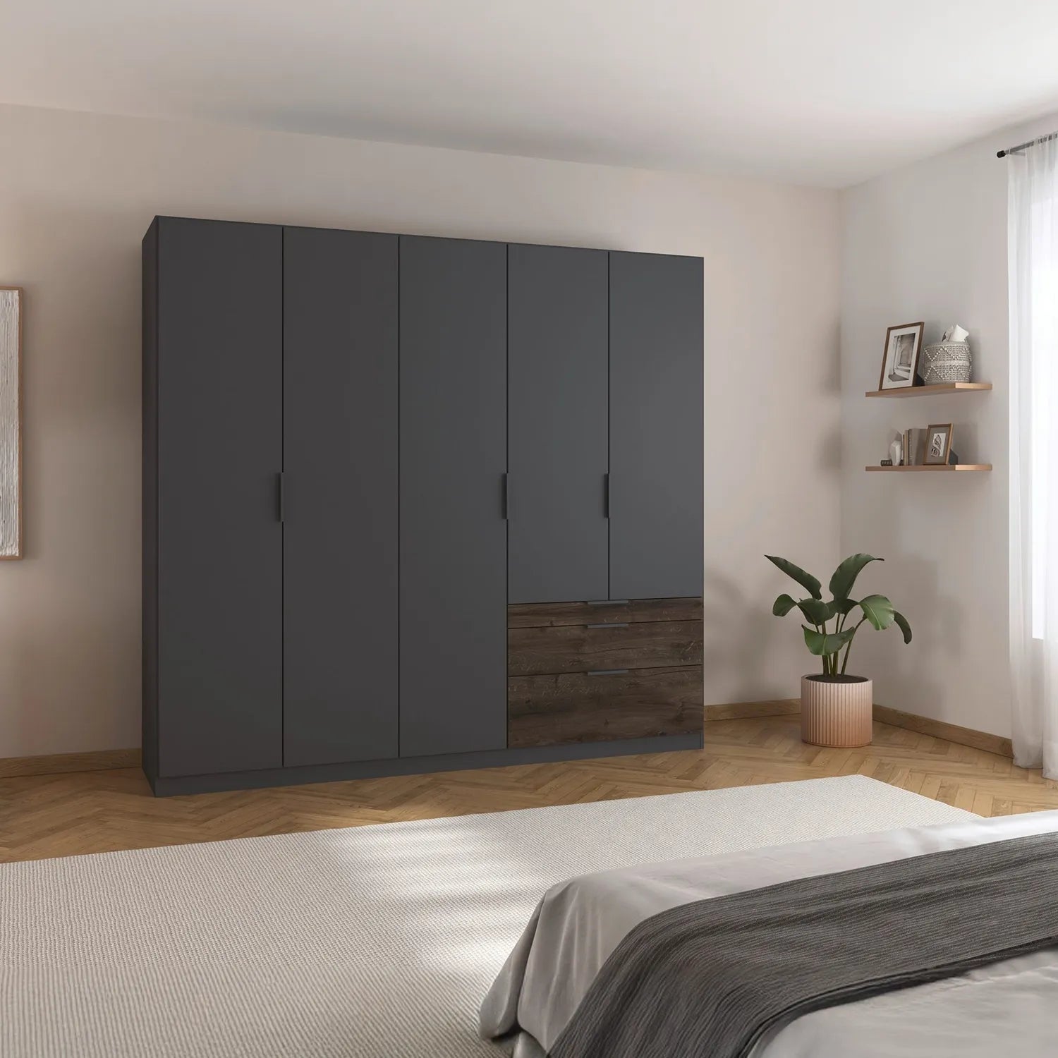 Modern bedroom with a large dark gray Kodi wardrobe 5 Doors and 3 Drawers