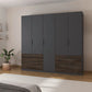 Large dark gray wardrobe with wooden bottom section in a bedroom setting.