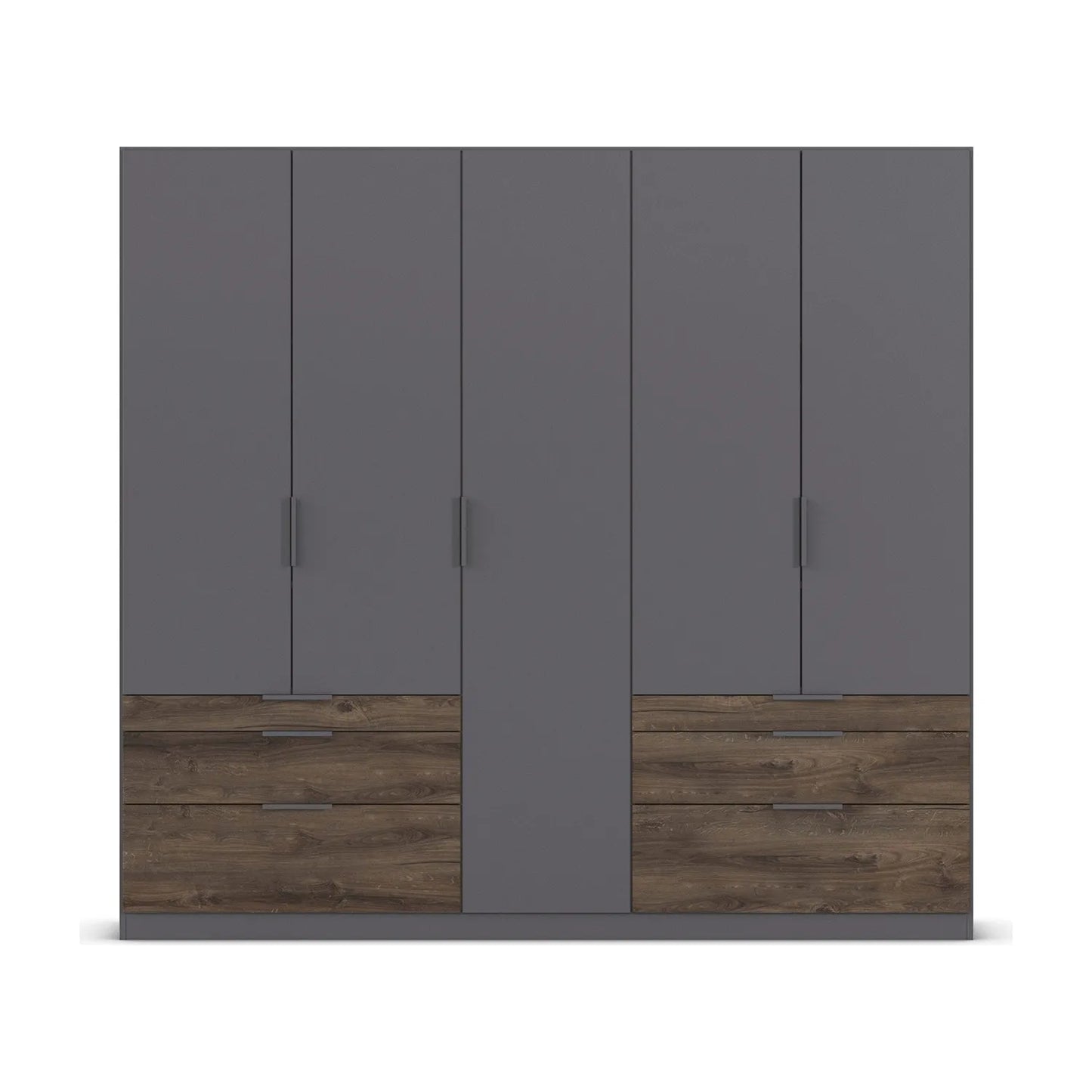 5 Door Gray wardrobe with wooden drawers on a white background Width 226cm