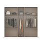 Closet organizer with clothes and shoes on a white background