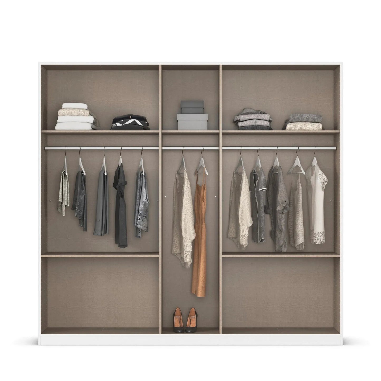 Closet organizer with clothes and shoes on a white background