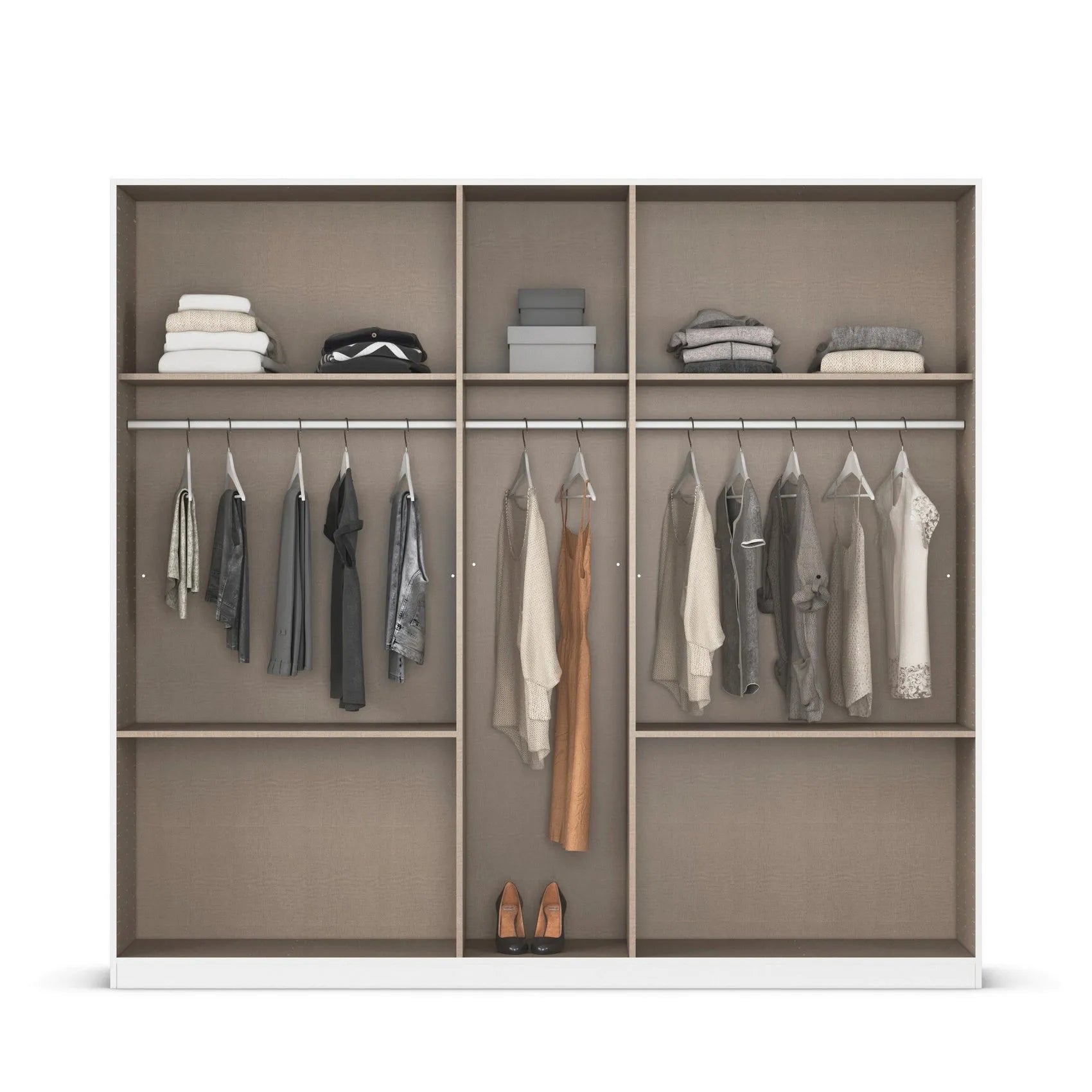 Closet organizer with clothes and shoes on a white background
