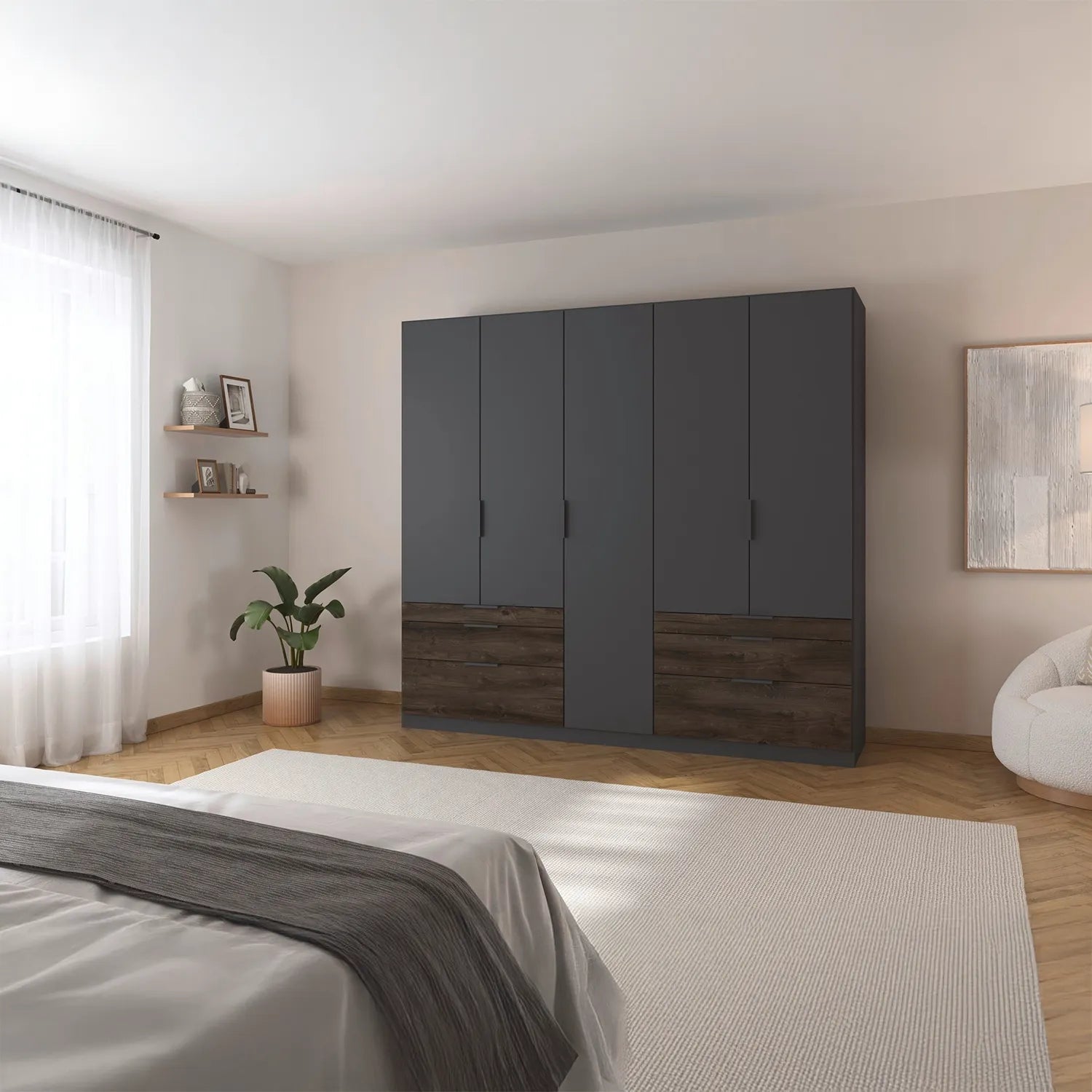 Kodi Metallic Grey 5 Door Wardrobe with 6 Drawers W226cm styled in a room - Home of Wardrobes