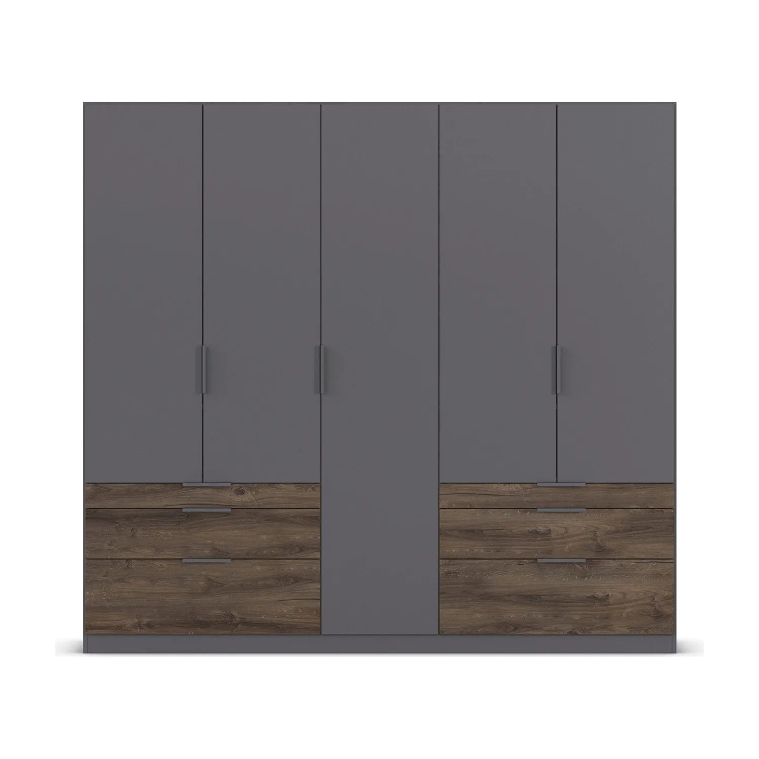5 Door Gray wardrobe with wooden drawers on a white background Width 226cm