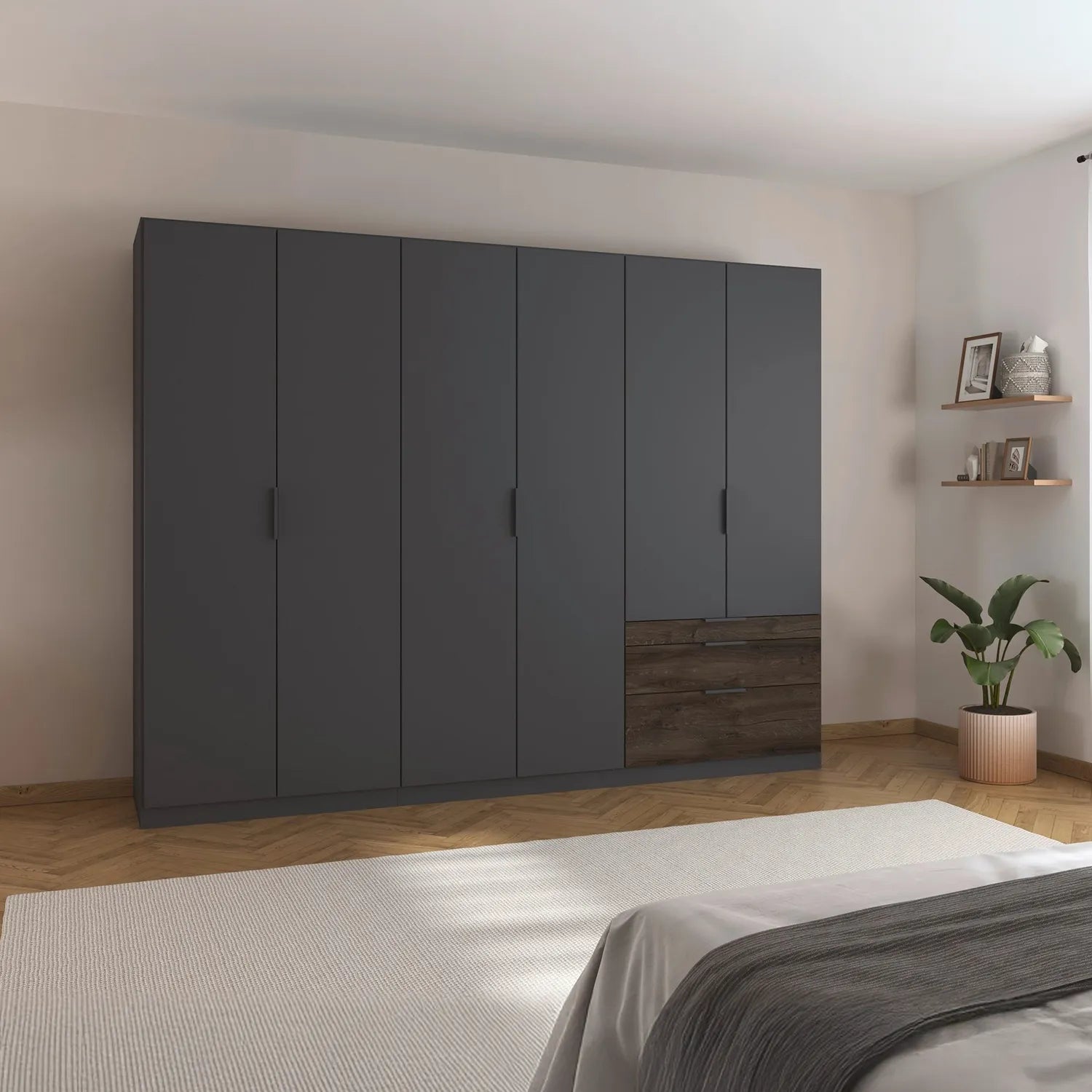 Modern bedroom with a large dark gray wardrobe with 3 drawers in dark oak 