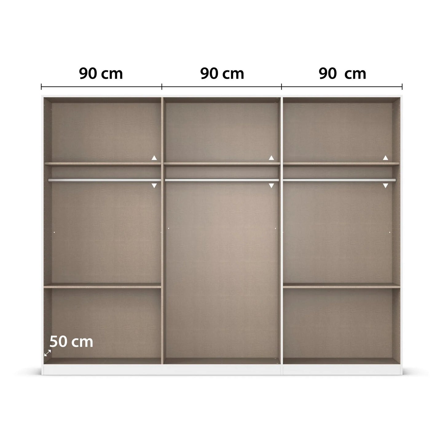 Wardrobe with 6 Hinged doors and measurements on a white background