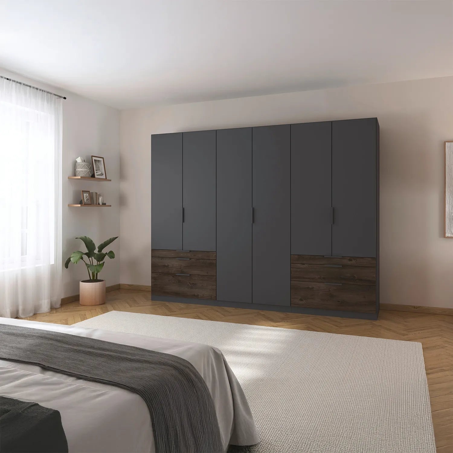 Modern bedroom with a large Kodi Metallic Grey 6 Door Wardrobe with 6 Drawers – W271cm